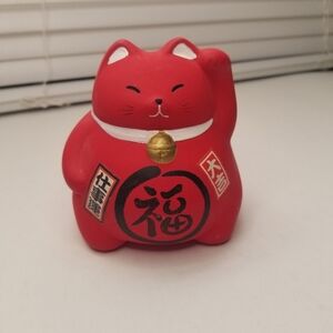 Red Ceramic Piggy Bank Japanese Lucky Cat Money Box/Holder App.3.5 Inches Tall